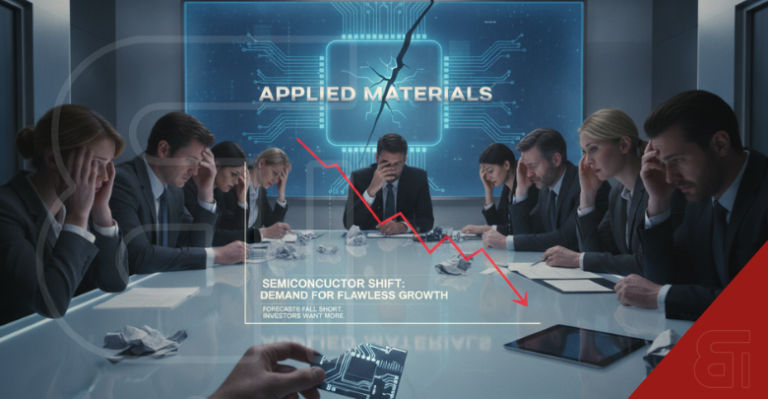 Stressed executives in a boardroom viewing a downward stock chart and cracked Applied Materials logo illustrating semiconductor market struggles.