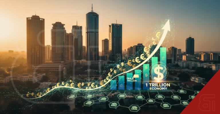 AI illustration of Nigerian business leaders around a glowing map with bar charts showing N4.6 trillion capital and a 1 trillion economy globe