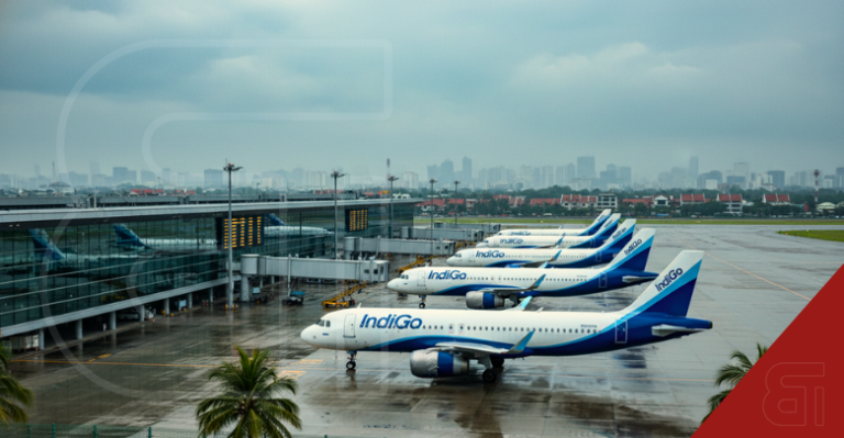 Row of grounded IndiGo airplanes parked at an airport terminal during the rainy monsoon season.
