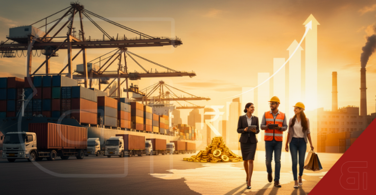AI generated concept showing India economic growth with glowing Rupee symbol upward arrows shipping port and professionals walking on India map