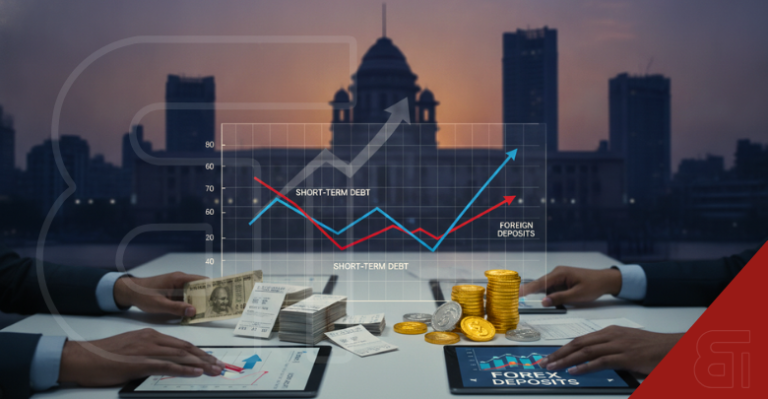 Indian bankers analysing financial charts showing declining short-term debt and rising forex deposits in Indian currency and gold coins.