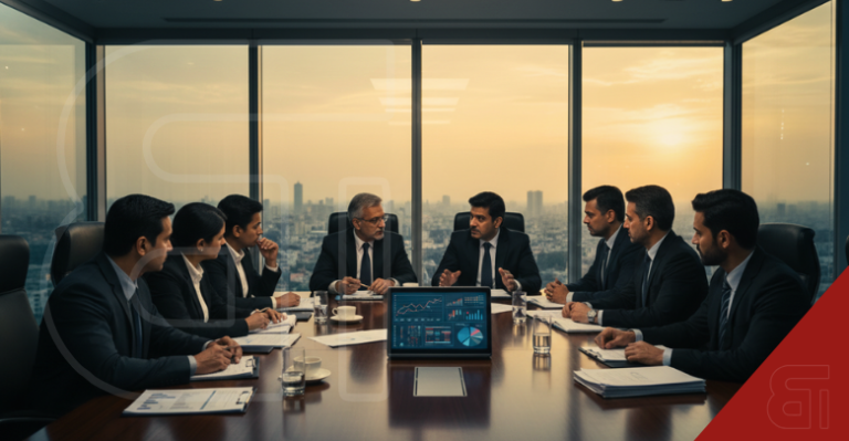 Corporate executives at a Tata Sons board meeting discussing strategy and leadership in a high-rise office with a city skyline view.