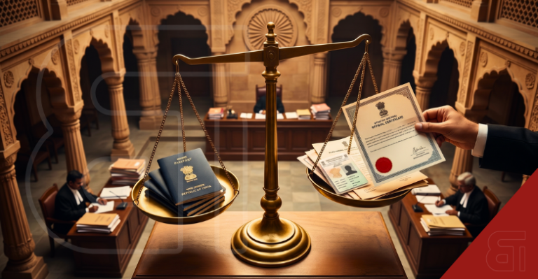 A golden scale of justice balances stacks of blue Indian passports and a hand holding official citizenship and electoral documents within an ornate, traditional Indian courtroom.