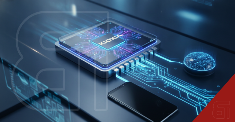 Futuristic Kioxia UFS 5.0 flash memory chip connected to a smartphone for AI processing.