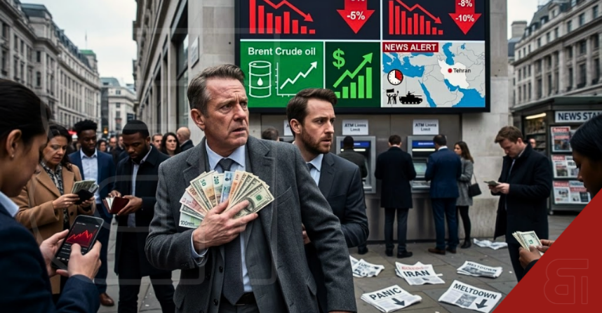 Anxious investor clutching cash on a city street with a billboard displaying a market crash, rising oil and US dollar prices, and an Iran crisis news alert.