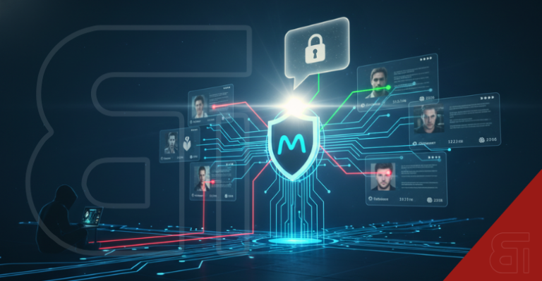 Digital illustration of a hacker targeting user profiles linked to a glowing Meta shield, representing the patched Instagram AI bot flaw.