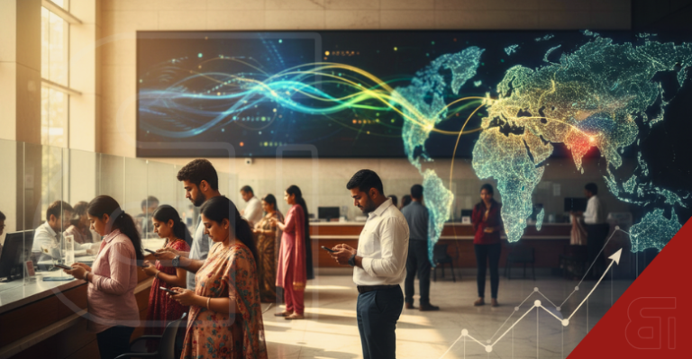 Diverse Indian crowd holding phones near ATMs and currency symbols with a port city skyline representing global remittance inflows