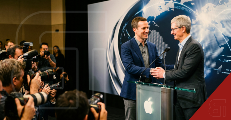 Tim Cook shaking hands with newly appointed Apple CEO John Ternus at a press conference