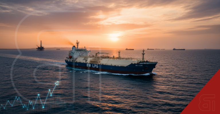 BW LPG tanker at sea at sunset with rising digital financial graph overlay