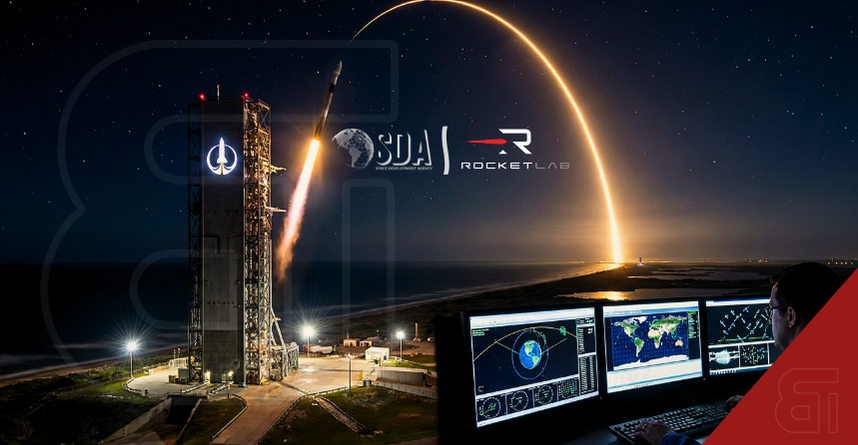 Rocket Lab night launch and control room monitors with SDA logo, illustrating the record $816M contract for hypersonic missile tracking satellites.