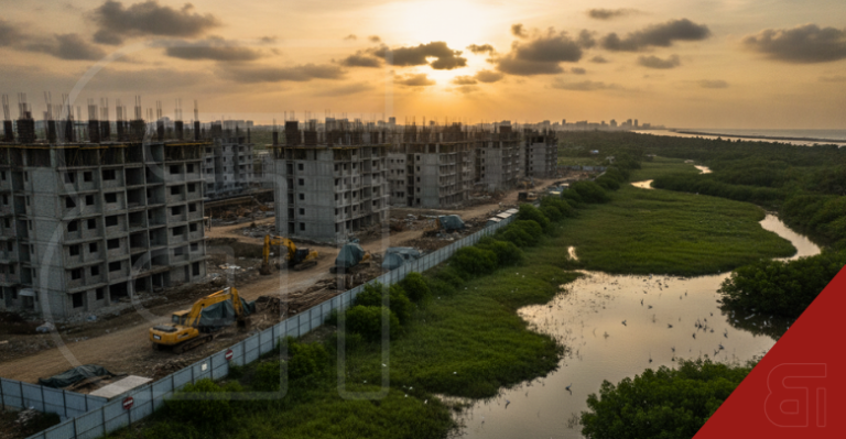 Aerial view of the halted Brigade residential construction site encroaching on a lush green Chennai wetland at sunset.