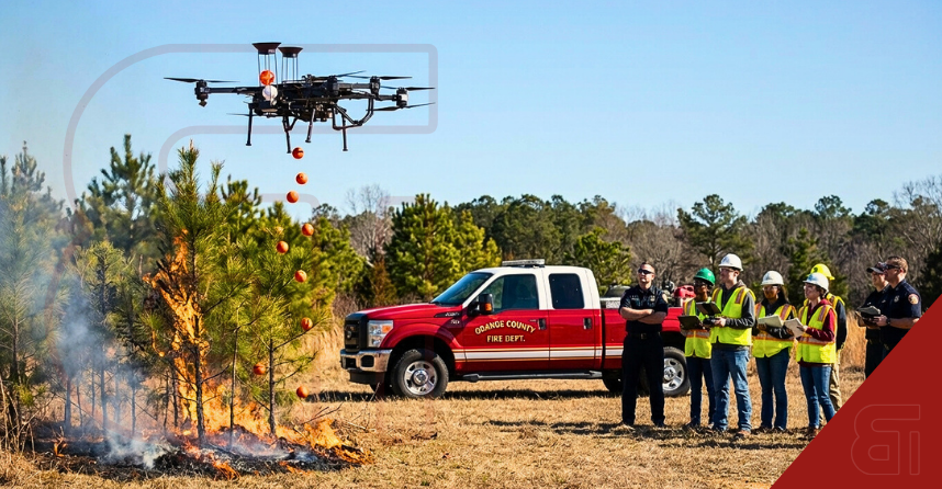 Student-designed drone dropping fire extinguishing balls on a controlled flame while Orange County Fire Department personnel and students monitor the test.