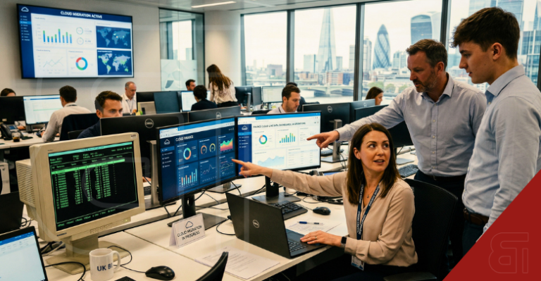 UK finance professionals working on a cloud finance platform in a modern London office overlooking the city skyline.