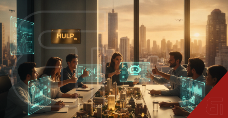 Futuristic boardroom meeting of Hulp AI team celebrating seed funding with holograms and city model.