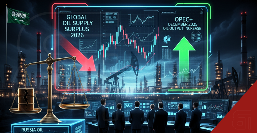 OPEC+ December 2025 oil output increase decision visualisation featuring global oil supply surplus 2026 forecast, Saudi Arabia flag, Russia oil sanctions impact, petroleum market analysis with trading data, neon-lit oil refinery infrastructure, scales of justice symbolising geopolitical balance, professional energy market trading screens displaying crude oil price trends & production targets for eight-member coalition.