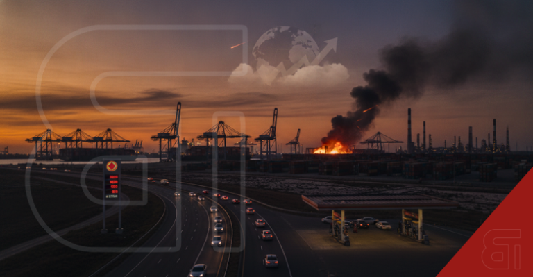 Industrial port and oil refinery fire at sunset with a gas station, symbolising rising global petrol prices and supply chain strain.