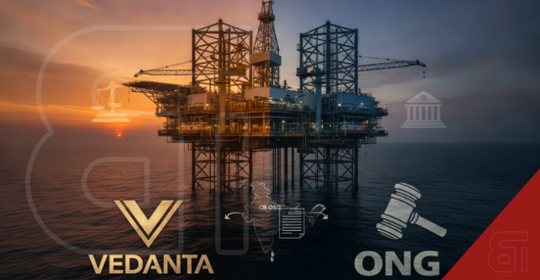 Vedanta and ONGC logos with an offshore oil rig, India map, and legal scales depicting the CB-OS/2 block dispute in Delhi High Court.