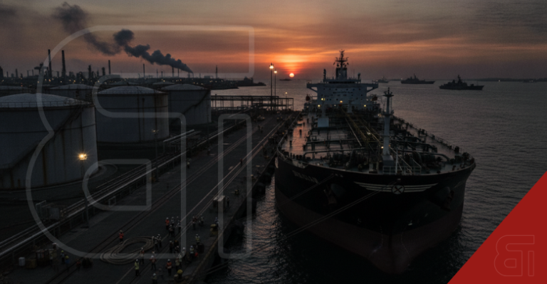 Large crude oil tanker docked at an industrial port at sunrise, with smoke billowing from refinery stacks in the background and workers gathering on the pier.