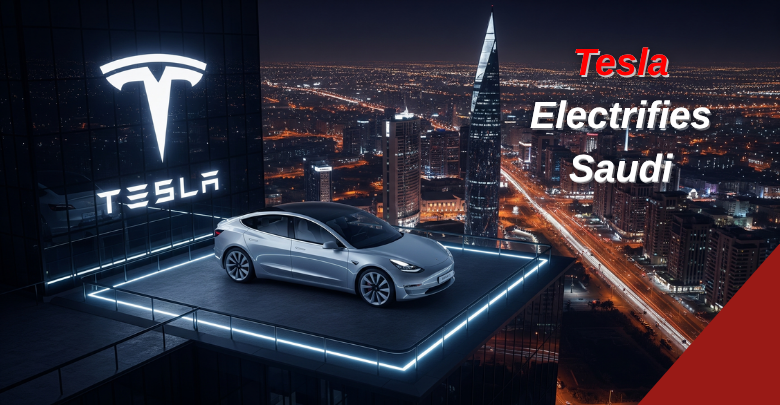 A silver Tesla Model 3 on an illuminated display platform in front of the official Tesla logo. The background features a glittering nighttime cityscape with the text "Tesla Electrifies Saudi," symbolizing the electric vehicle brand's entry into the Saudi Arabian market.