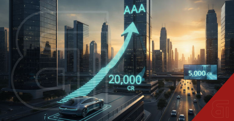 Glowing upward arrow over a city with an EV charging, displaying AAA, 20,000 CR, and 5,000 CR representing Shriram Finance growth.