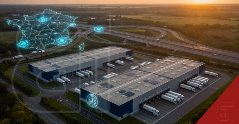 Aerial view of a modern logistics warehouse in France featuring digital map overlays and a Morgan Stanley logo highlighting real estate investment.