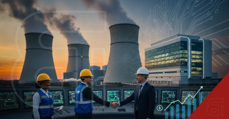 Google and Georgia Power executives shaking hands in a control room overlooking nuclear cooling towers, a data center, and an energy savings chart.