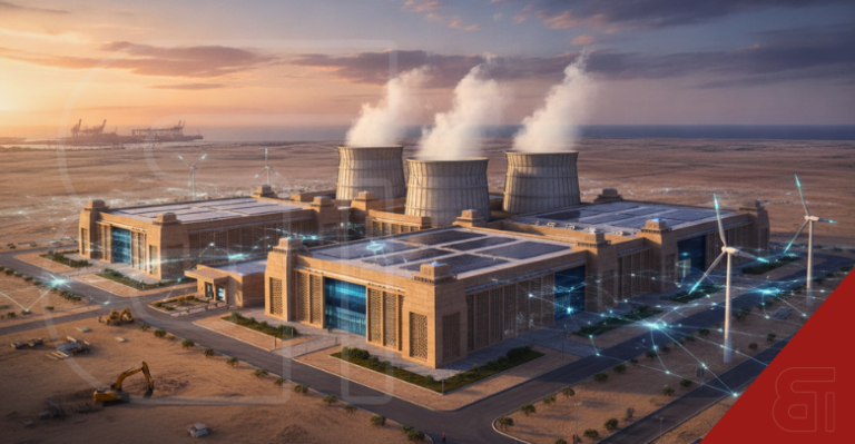 Futuristic AI data centre in Jamnagar, Gujarat, featuring cooling towers solar panels and digital network connections representing the Meta and Reliance partnership