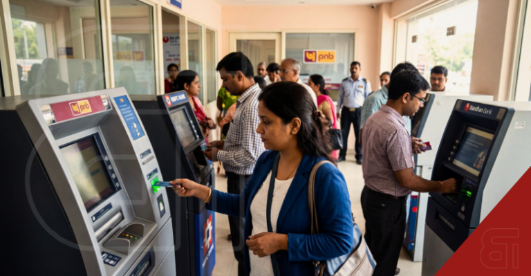 Customers withdrawing cash at PNB, HDFC, and Bandhan Bank ATMs.
