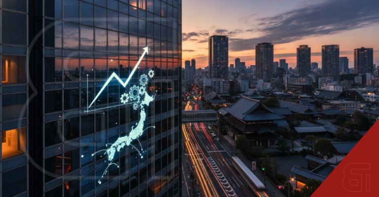 Modern Japanese cityscape at sunset with a glowing digital map of Japan and an upward financial graph overlaid on a glass skyscraper.