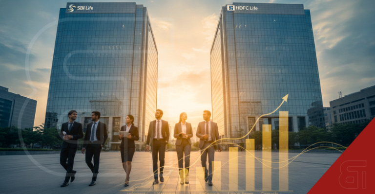 Business professionals walking between SBI Life and HDFC Life buildings with a rising financial growth chart overlaid.