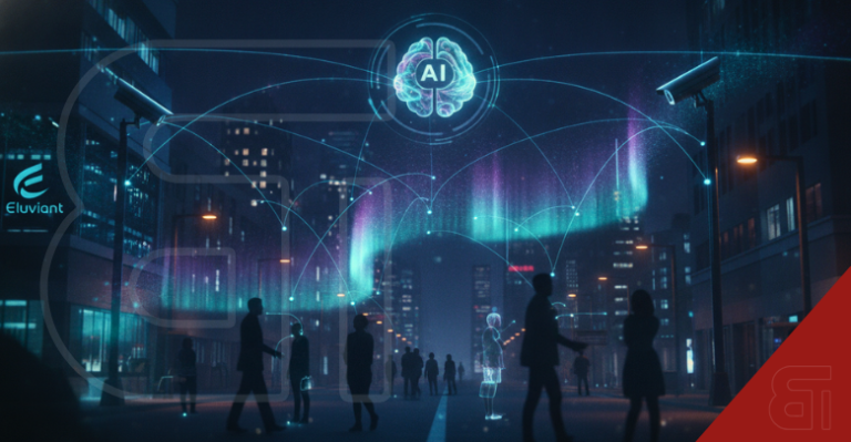 Futuristic city street illustrating Eluviant Aurora Flow AI connecting CCTV cameras to analyse human behaviour.