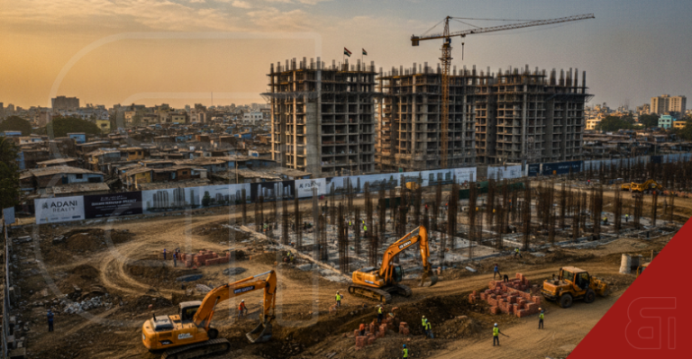 Aerial view of a sprawling construction site in Mumbai showing yellow excavators, construction workers, and steel rebar foundations. Unfinished high-rise buildings stand adjacent to dense slum housing, with an Adani Realty billboard visible on the perimeter fence under a golden sky.