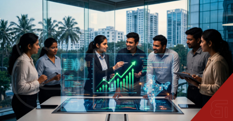 Indian business professionals analyzing an AI growth graph and an interactive digital map of India on a holographic table