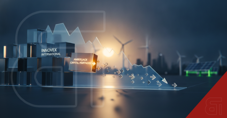 3D graphic showing Amberjack Capital Partners separating from Innovex International blocks with a downward trend chart and wind turbines.