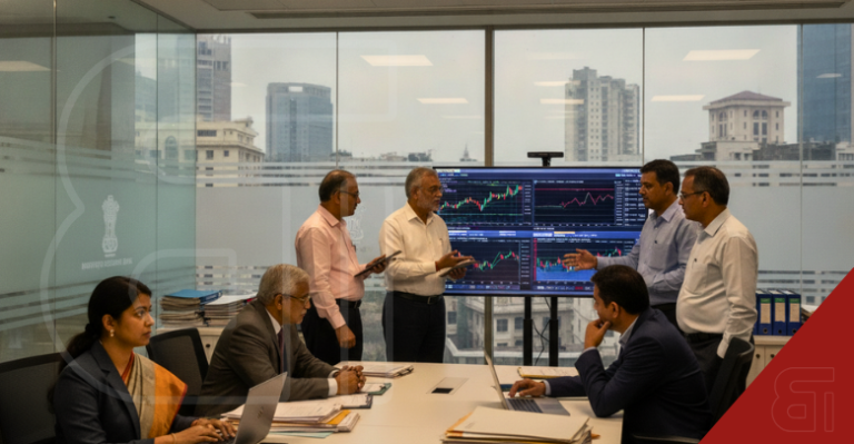 A group of Indian financial officials analyze market charts on a large screen inside a modern conference room with city views.