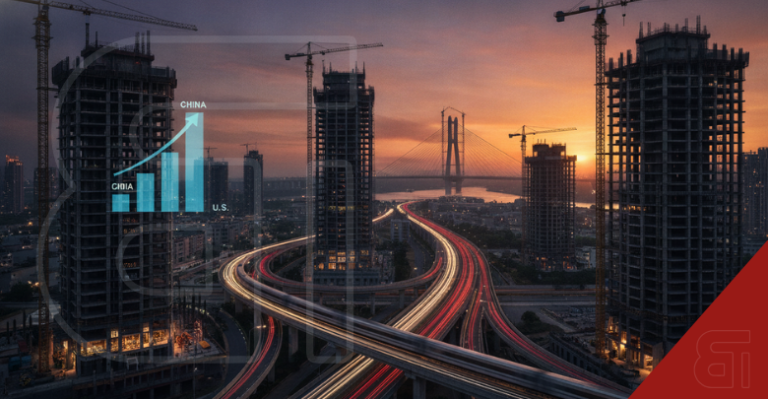 Cityscape showing skyscrapers under construction and a glowing chart illustrating global construction market trends.