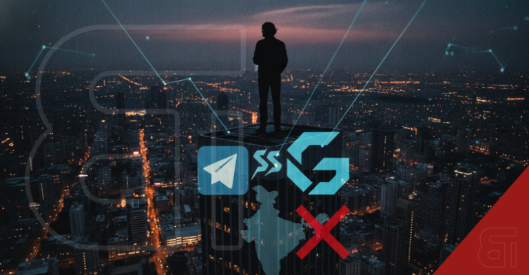 Silhouette overlooking a city network with Telegram logo, India map, red X, and rival tech logos illustrating corporate rivalry