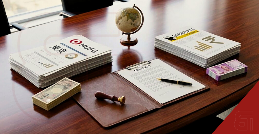 MUFG and Shriram Finance documents, Japanese Yen and Indian Rupee currency notes, and a contract on a desk, representing the $4.4 billion acquisition deal.