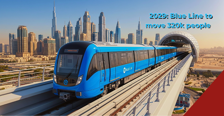 Dubai Metro Blue Line promotional graphic featuring modern blue train with Dubai skyline background displaying '2029: Blue Line to move 320k people' highlighting Parsons Corporation project management contract for RTA's 30km rail expansion connecting 14 stations across Dubai's key districts including Mirdif, Dubai Silicon Oasis, Dubai Creek Harbour, and Dubai Festival City as part of Dubai's D33 Economic Agenda and 2040 Urban Master Plan.