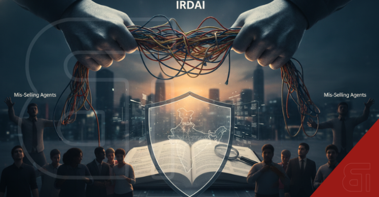 Giant hands representing IRDAI untangling wires above a shield with an India map protecting consumers from mis-selling agents.
