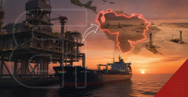 ONGC Energy tanker by an offshore rig with a glowing map of Venezuela highlighting ONGC oilfield acquisition plans