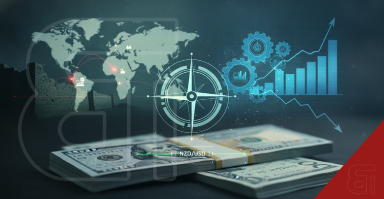 US dollar stacks with digital overlays of NZD/USD text, global map, compass, and financial charts.