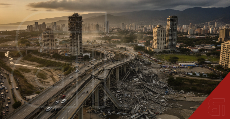 Aerial view of collapsed highway and damaged skyscrapers in Caracas Venezuela after severe earthquakes