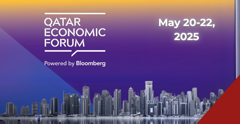 Qatar Economic Forum banner showing May 20-22, 2025 dates with Doha skyline silhouette against purple-blue gradient background, powered by Bloomberg