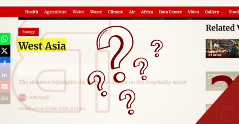 Digital news interface highlighting the term "West Asia" in yellow with large red question marks, representing the controversial shift from the "Middle East" label.