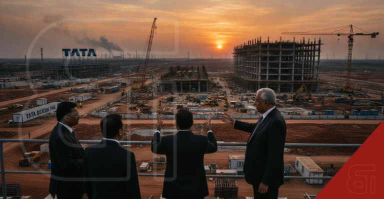 Four businessmen in dark suits stand on an elevated platform overlooking a sprawling Tata Silicon Fab construction site at sunset, featuring cranes, unfinished buildings, and a large TATA sign.
