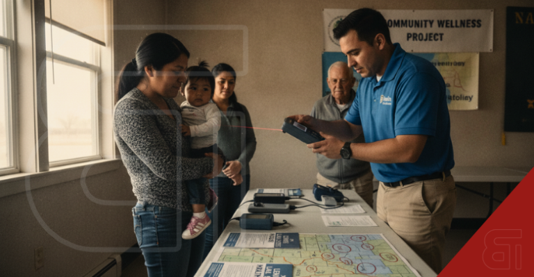 A health professional in a blue shirt uses a portable handheld testing device near a baby held by her mother at a Community Wellness Project event. Other community members watch behind a table with maps and testing equipment.