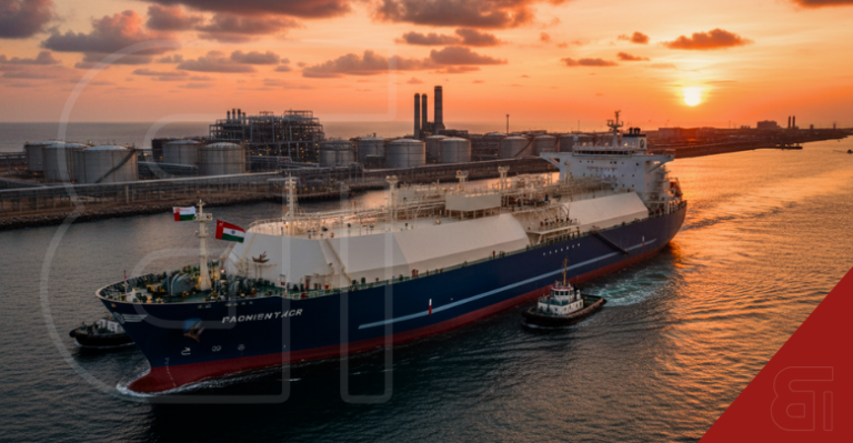 Large LNG carrier ship departing an Oman industrial port at sunset, illustrating Oman replacing Qatar as India's top LNG supplier amid Gulf crisis.