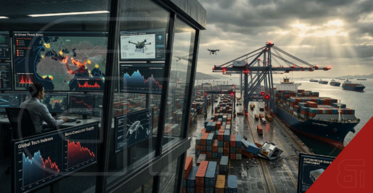 Control room monitoring AI-driven threat zones, global tech indexes, and shipping port supply chain disruptions amid Middle East conflict.