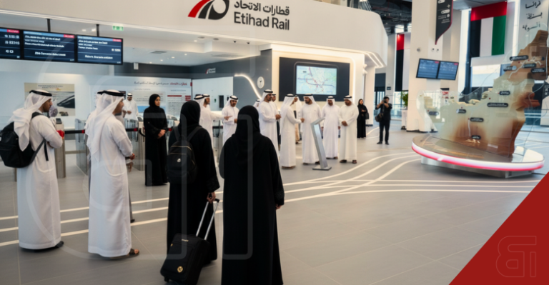 Passengers wearing traditional Emirati clothing standing inside a bright Etihad Rail station terminal featuring a large 3D map of the UAE and digital schedule screens.
